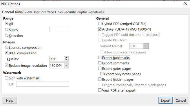 Screenshot for LibreOffice Impress export as PDF options.